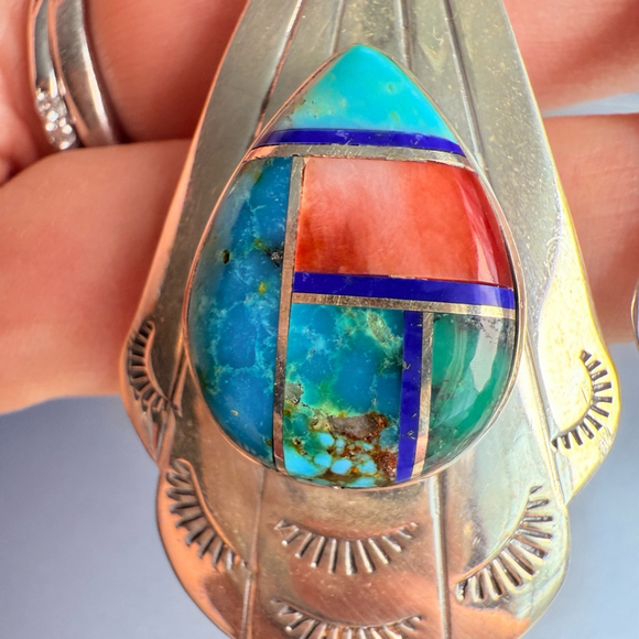 Native American Pete Sanchez Multi Gemstone Inlay Sterling Silver 3" Earrings - Picture 2 of 8